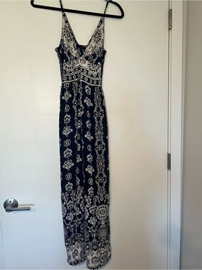 Navy and Cream Printed Jumpsuit- Sleeveless V-Neck